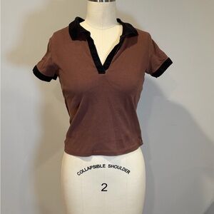 Brandy Melville Brown Polo Top with Black Trim